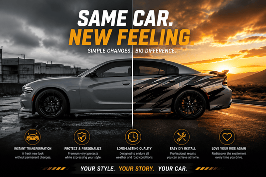 Car before and after vinyl decal customization showing how automotive graphics can transform vehicle style and appearance.