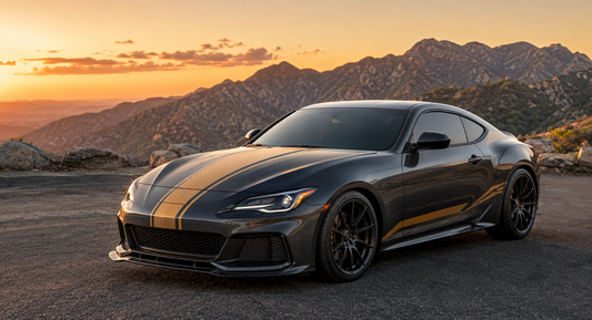 Dark sports coupe with premium matte gold vinyl racing stripes