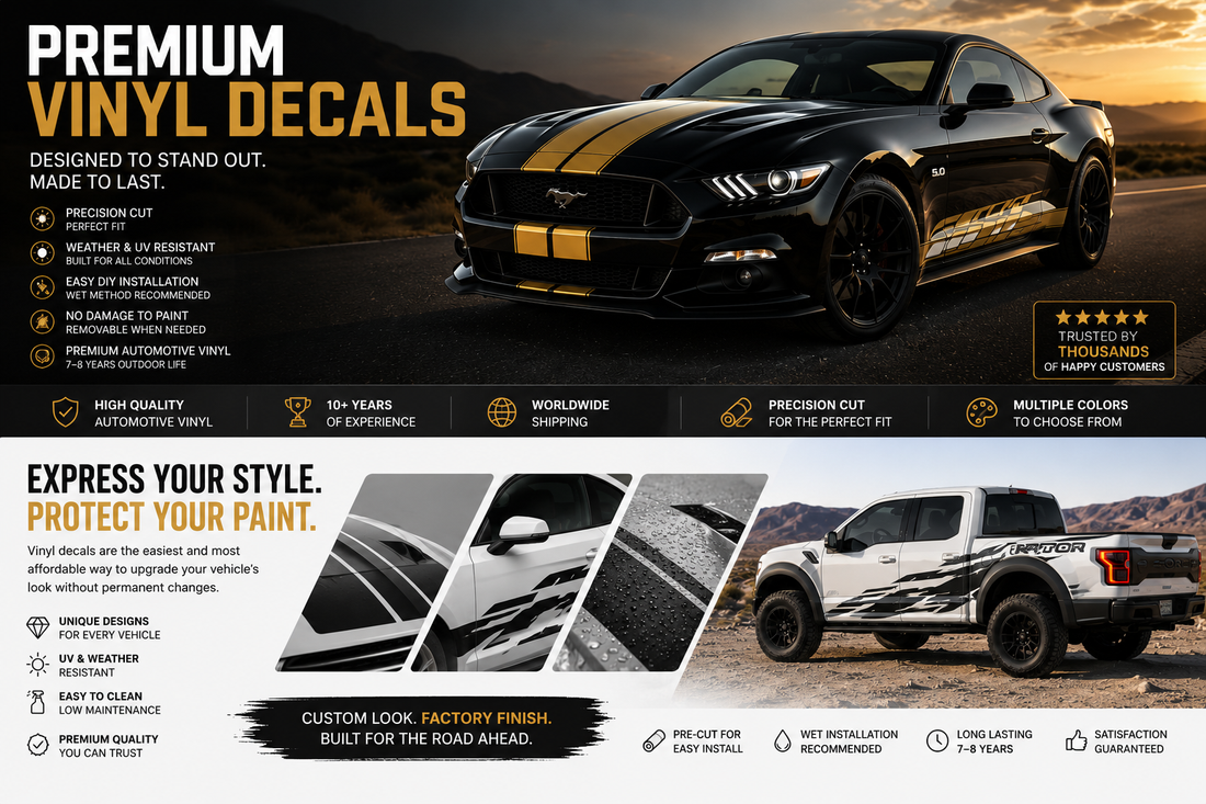Premium automotive vinyl decals for cars and trucks with custom racing stripes, hood graphics, side decals, weather-resistant vinyl, and easy wet installation.