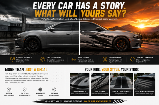 Split image showing a vehicle before and after vinyl decal customization, illustrating how automotive graphics transform style and express personal identity.