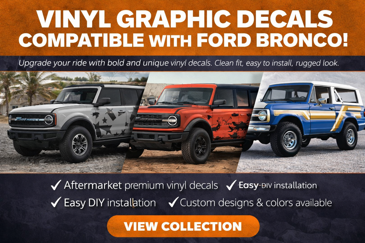 Custom vinyl graphic decals for Ford Bronco with racing stripes and side graphics, premium aftermarket designs