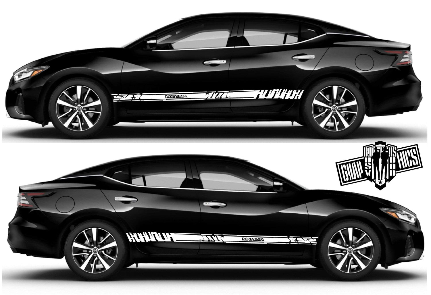 Nissan Maxima with custom vinyl decals and racing side stripe graphics by Brothers Graphics