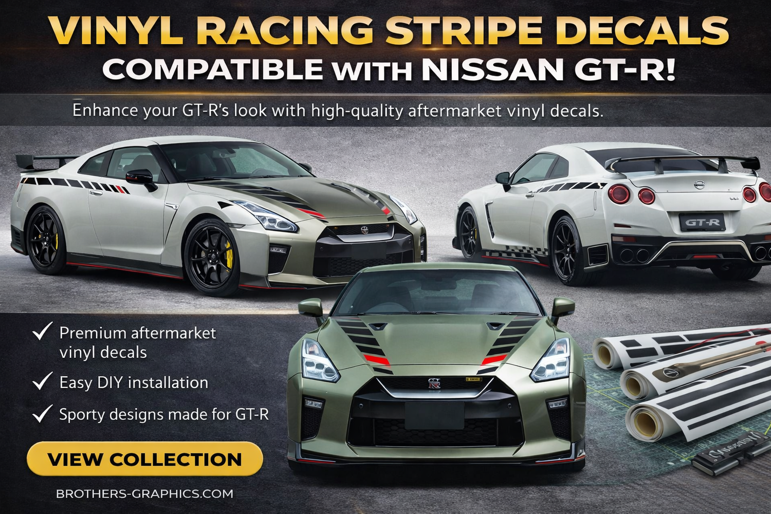 Nissan GT-R racing vinyl decals and custom hood stripe graphics installed