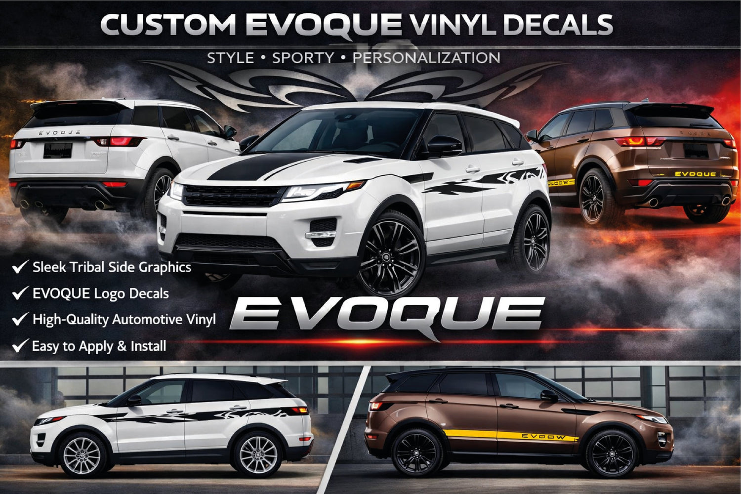 Custom vinyl side stripe decals on Land Rover Range Rover Evoque SUV