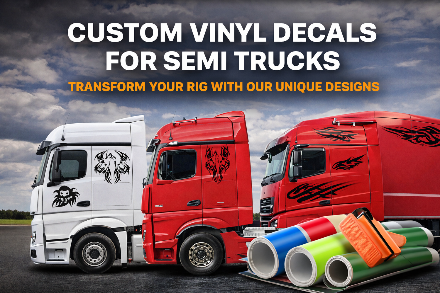 Custom vinyl decals displayed on semi truck cabs, aftermarket truck graphics and vinyl rolls