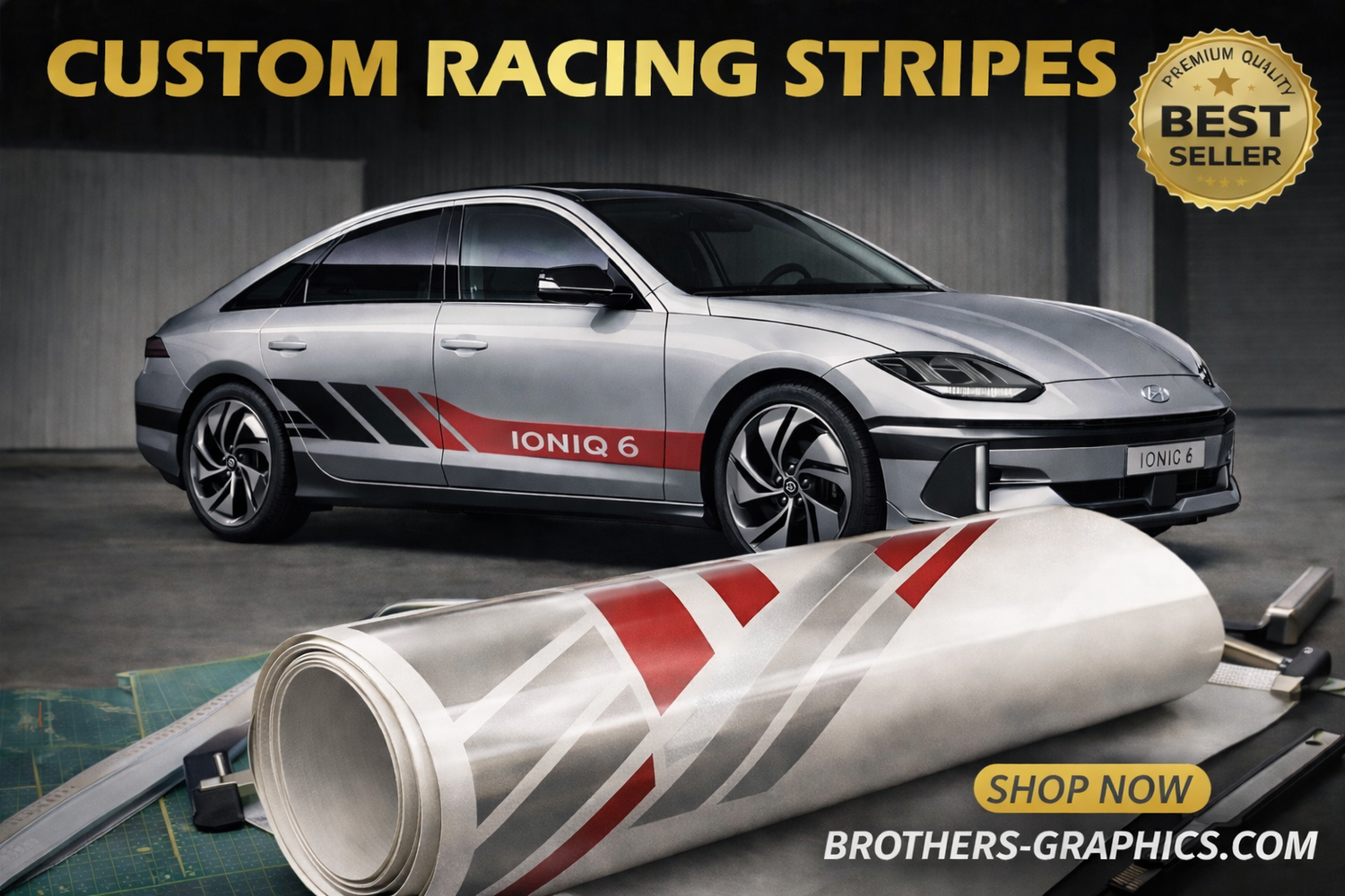 Hyundai Ioniq 6 style vinyl racing stripe decals with rolled vinyl sheet, custom side stripe design