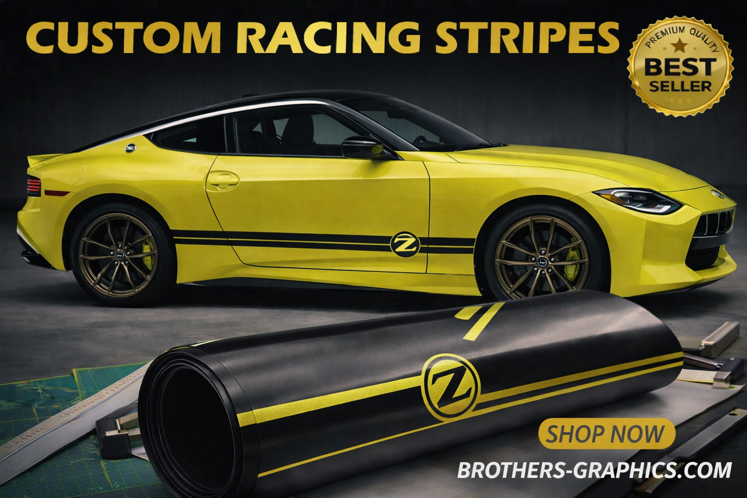 Custom racing stripes vinyl decals for cars, shown installed on a yellow vehicle.