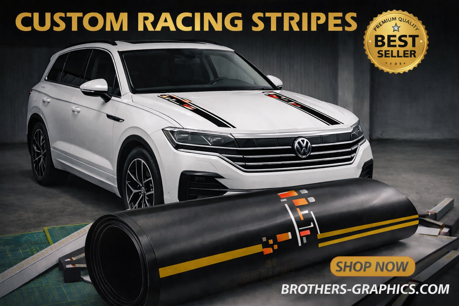 Custom racing stripe vinyl decals installed on SUV compatible with VW Touareg, aftermarket car graphics