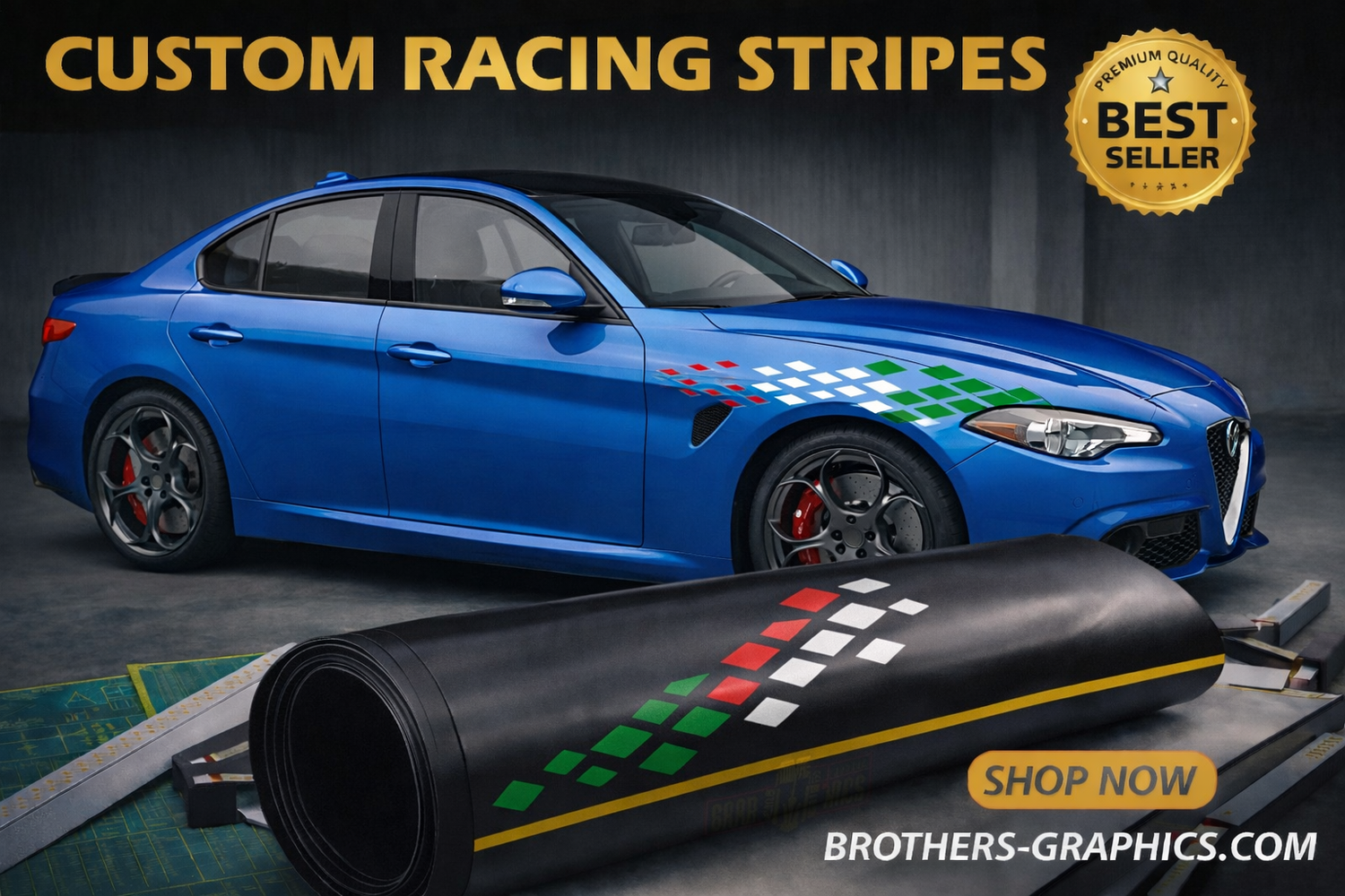 Custom racing stripe vinyl decals displayed on a blue sport sedan, aftermarket car graphics design
