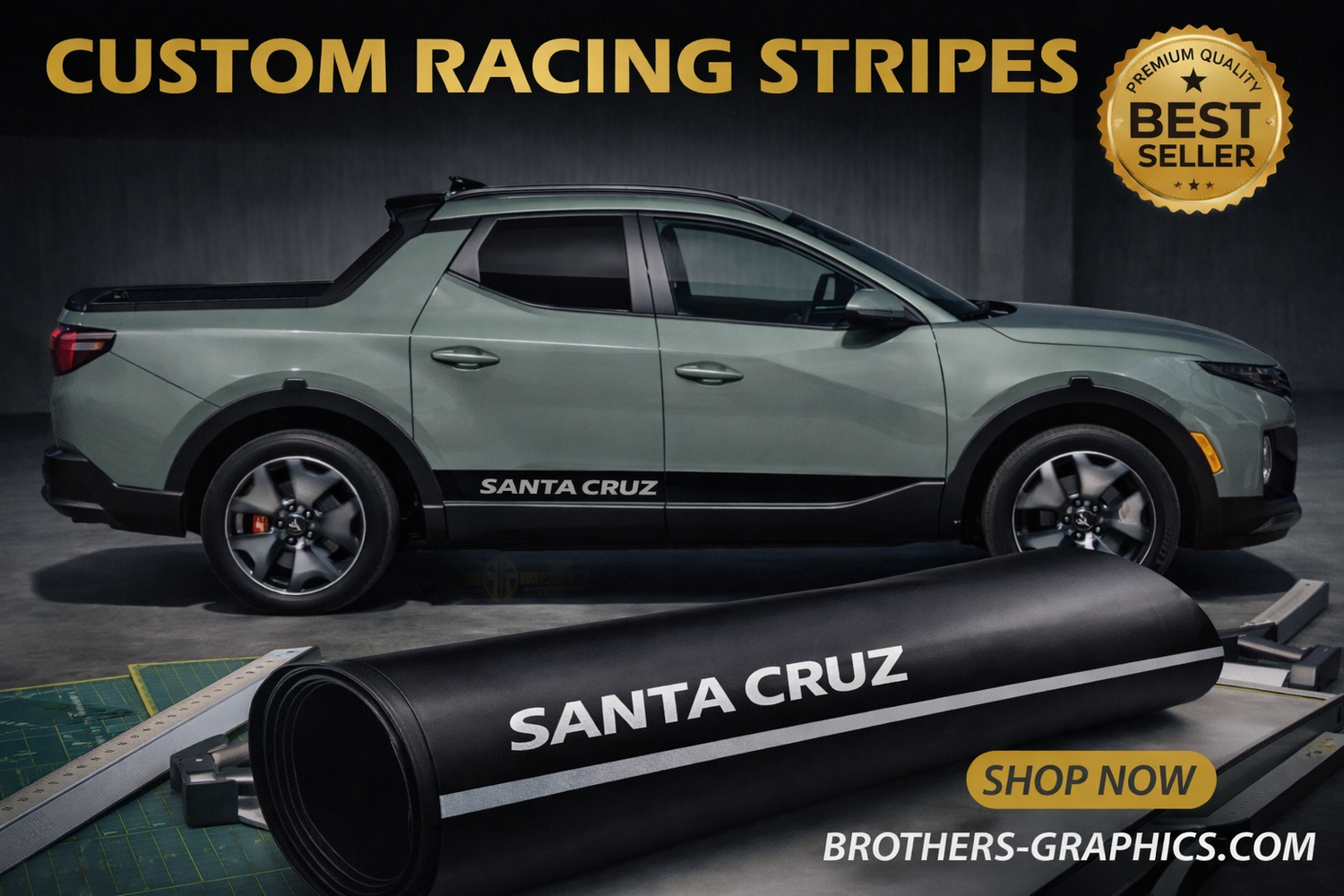 Hyundai Santa Cruz truck with custom vinyl side stripe decals installed on doors