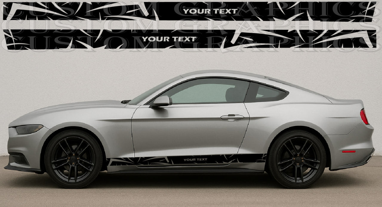 Silver Ford Mustang with black vinyl side stripe decals, customizable text area above the car.