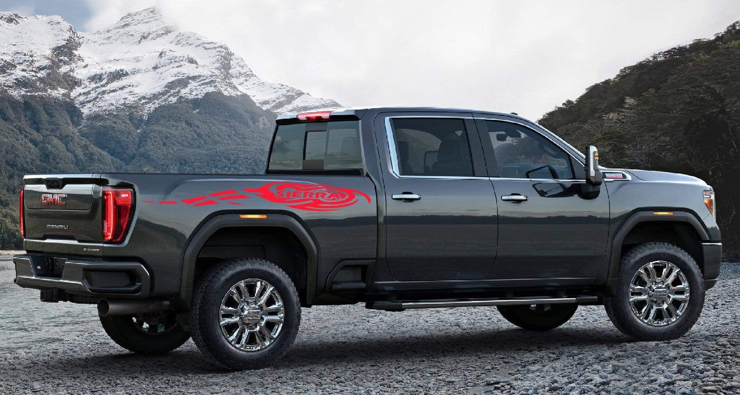 Premium GMC Sierra vinyl stripe decal with black, white and red racing graphics.