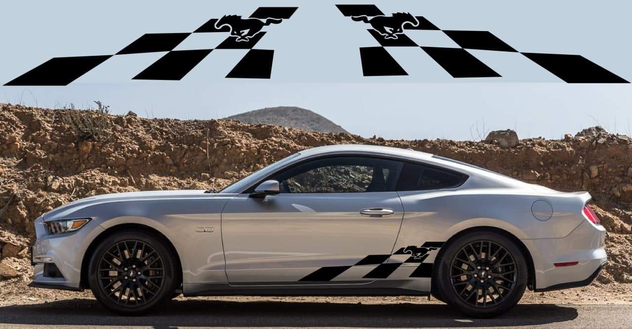Ford Mustang with black racing stripe decals on the doors and fenders, side profile view.
