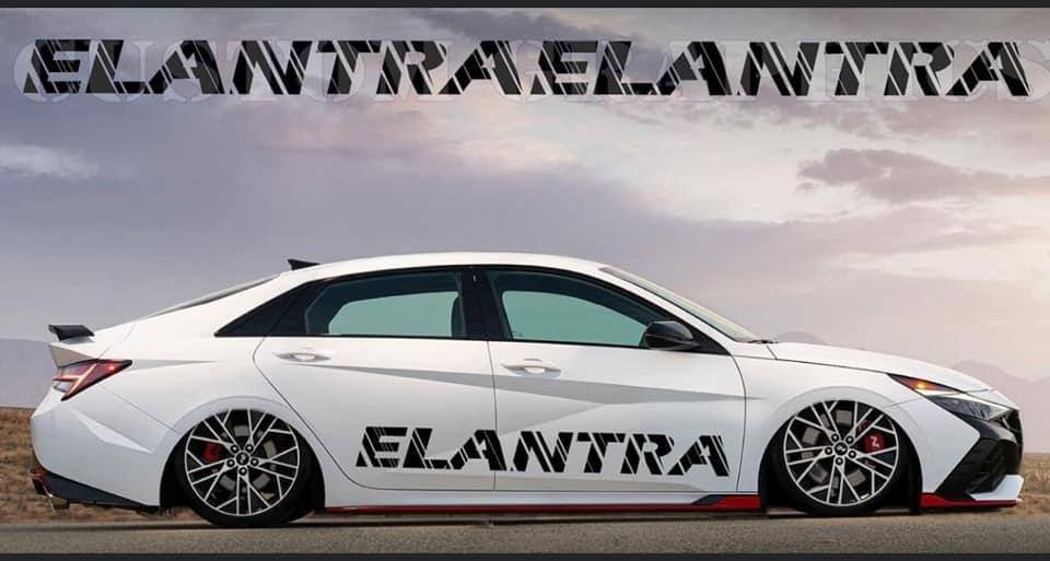 Hyundai Elantra 2021 in white with ELANTRA vinyl side stripe decals, lowered stance, side profile view.