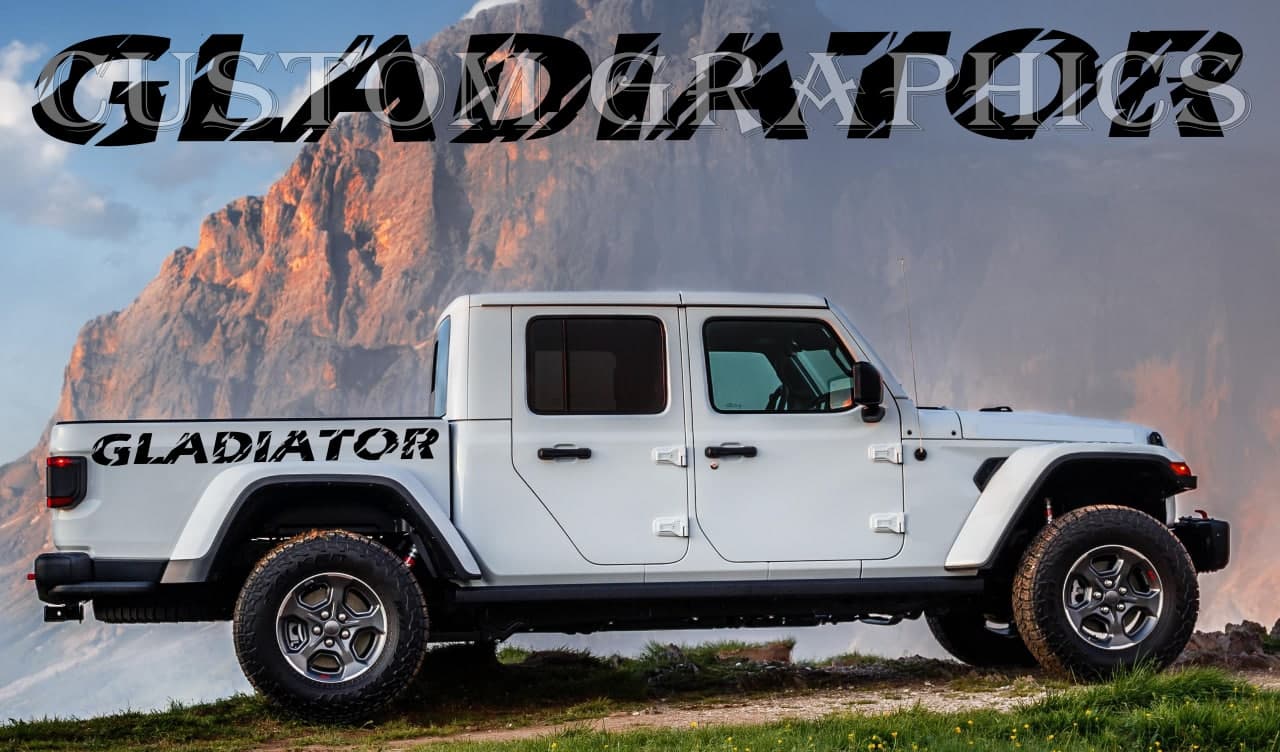 jeep gladiator,  jeep truck Bold vinyl decals for Jeep Gladiator trucks. Weatherproof, UV-resistant, and easy to apply.