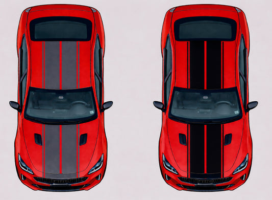 Top-down view of a red car with black and gray stripes on a white background