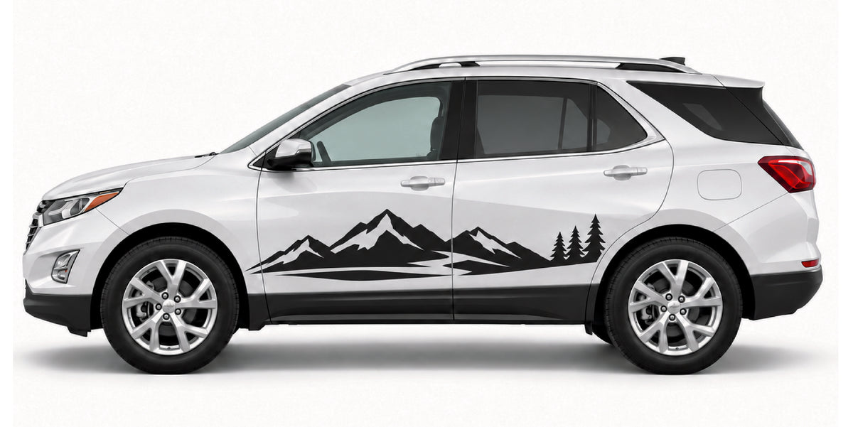 A white SUV shown in side profile on a light gray studio background, decorated with a black mountain and pine tree decal along the lower side panel.
