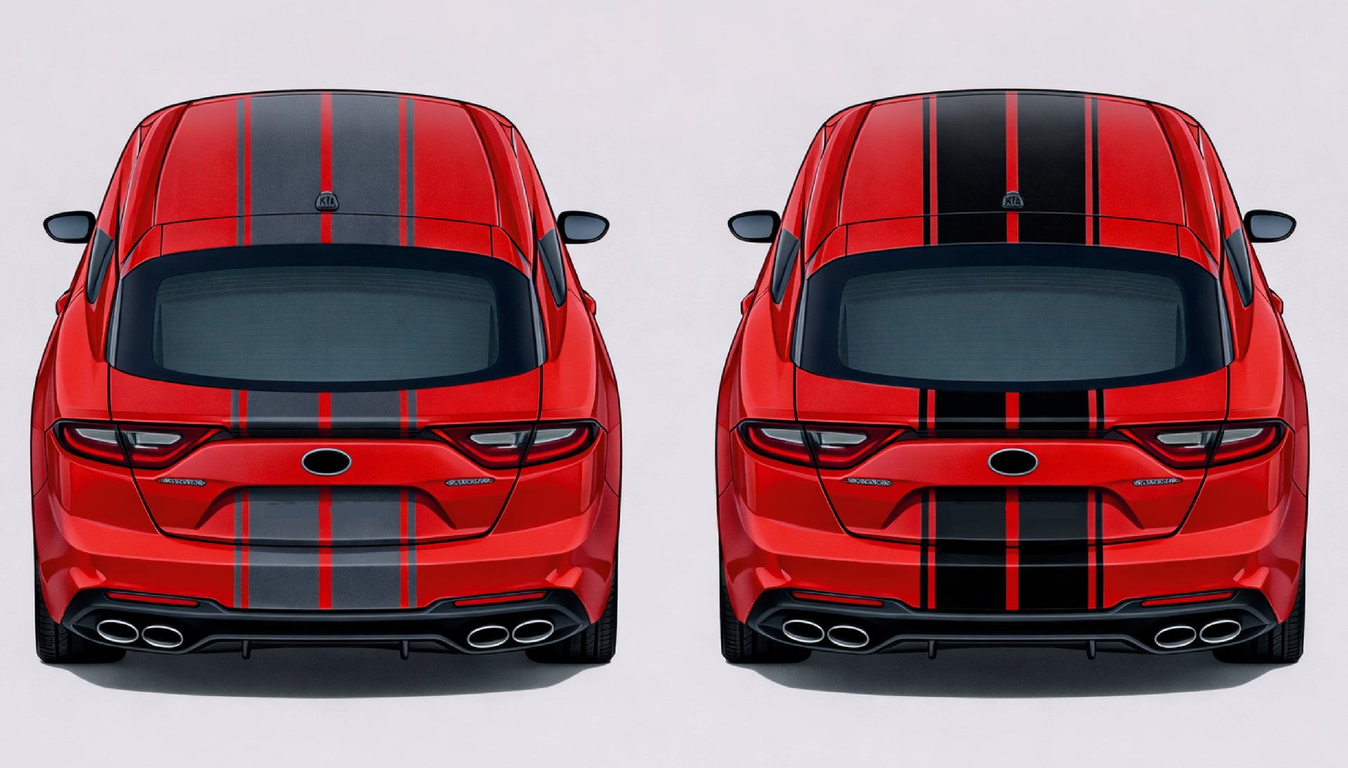 Red car with black stripes shown from two angles on a white background