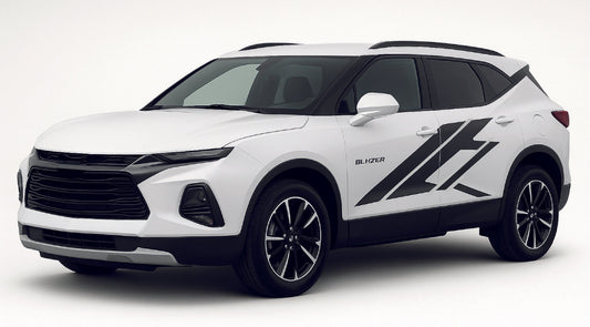 White SUV with black decals on a white background