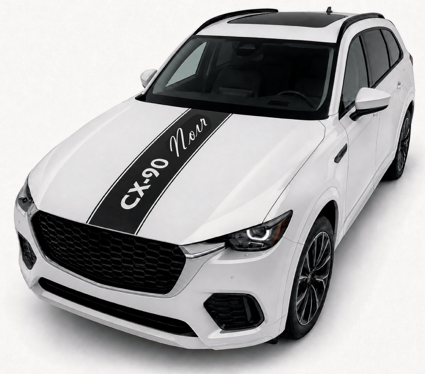 A white SUV shown at a three-quarter front angle on a light gray studio background. The vehicle has a black roof, black grille, black side mirrors, and a prominent black racing stripe on the hood with the text 'Cx-90 Noir' in white.