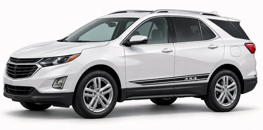 A white Chevrolet SUV with black trim and silver multi-spoke wheels, shown from a three-quarter front angle on a light gray studio background.