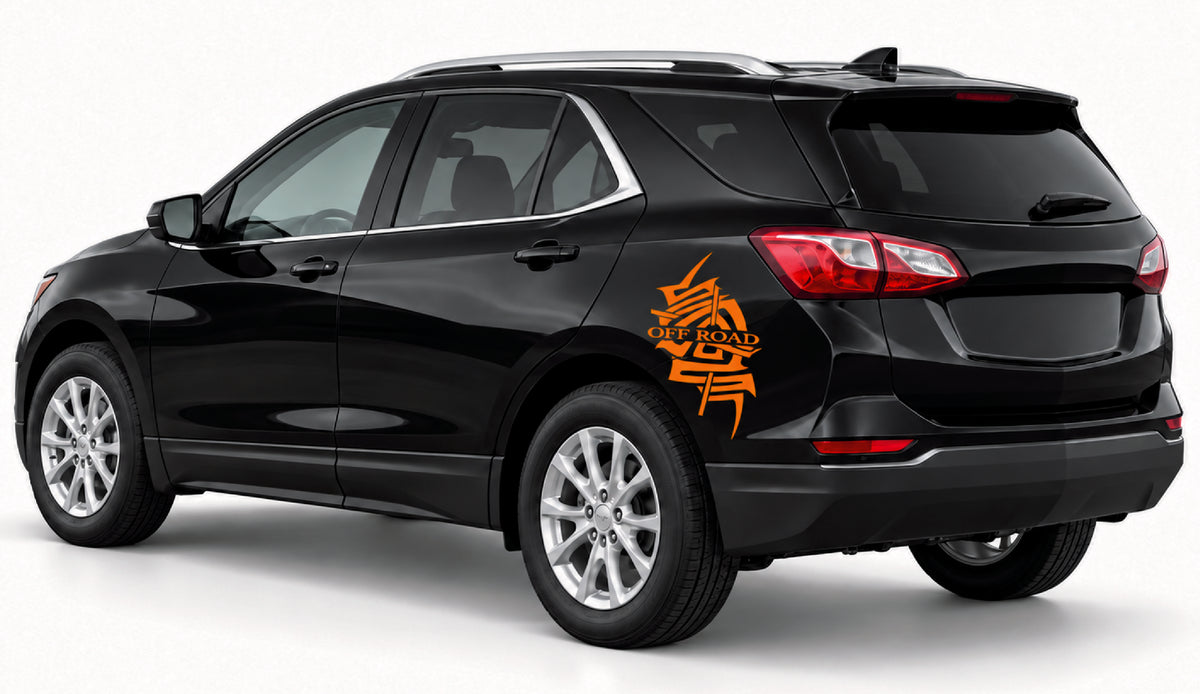 A black SUV shown from a rear three-quarter angle on a light gray studio background, with an orange and black 'GIFTS ON ROAD' graphic decal applied to the rear left side panel.