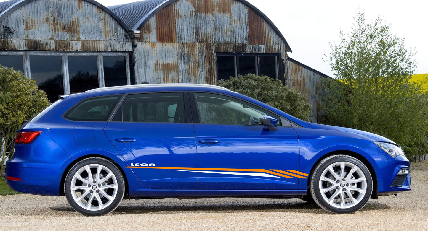 A Seat Leon vehicle with a custom vinyl decal design featuring black and white stripes on the side.