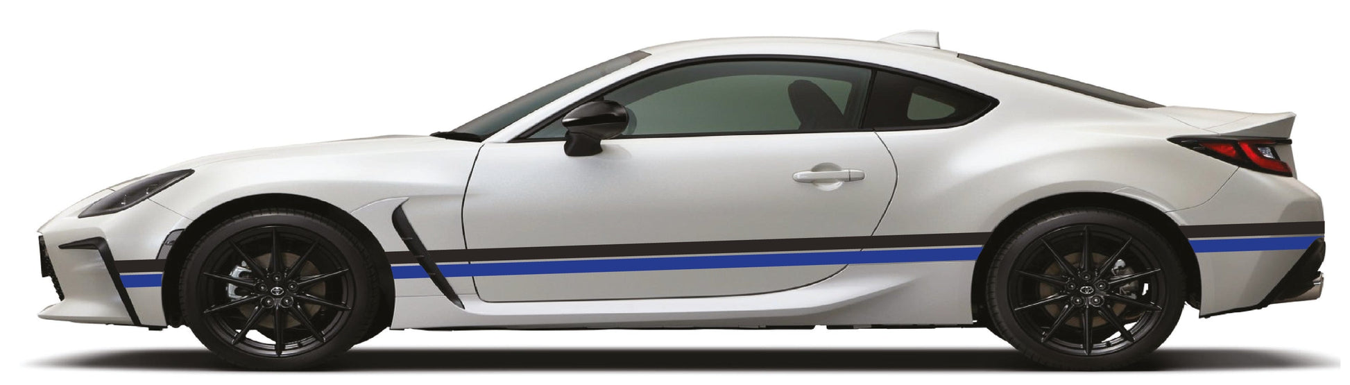 White sports car with blue stripes on a white background