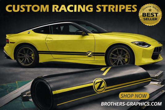 Yellow car with custom racing stripes and roll of vinyl on a dark background