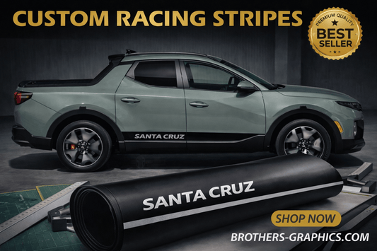 Car with custom racing stripes and a roll of vinyl wrap on a dark background