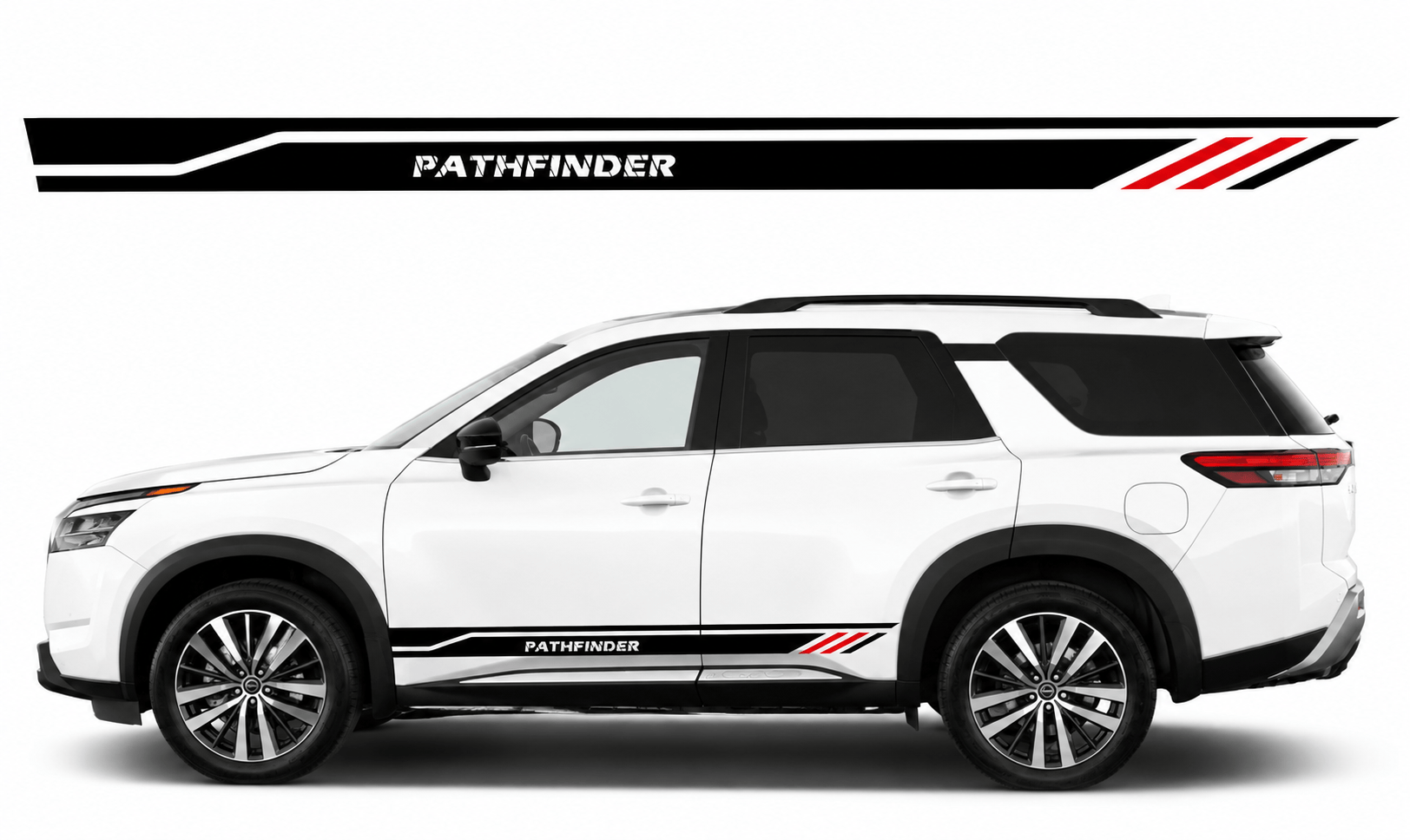A white SUV shown in side profile on a light gray studio background, with a black and red side decal strip labeled PATHFINDER above it. The decal design includes a black base with white lettering and red diagonal stripes.