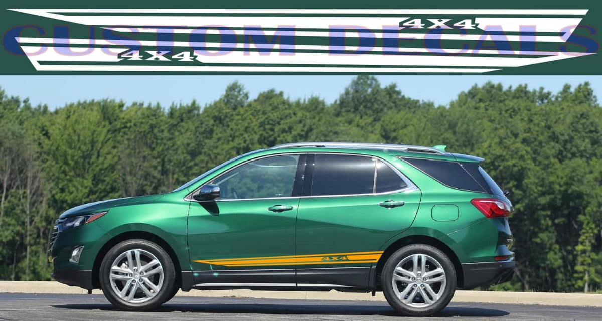 A green SUV shown in side profile outdoors, with a decorative yellow and black stripe decal applied along the lower side panel. A large blue 'CUSTOM DECALS' banner overlays the top of the image, and trees are visible in the background.