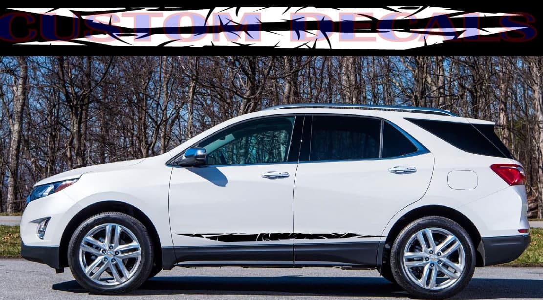 A white Equinox SUV shown in side profile outdoors, with a black vinyl decal strip applied along the lower side panel. Bare trees and blue sky are visible in the background, and a decorative banner overlay appears across the top.