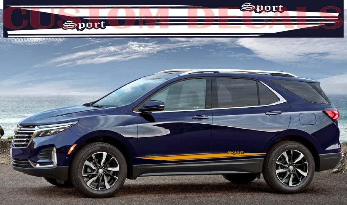 A dark blue Chevrolet SUV parked outdoors near the ocean, with a red and white 'Custom Decals' banner across the top and a yellow accent stripe running along the lower side of the vehicle.