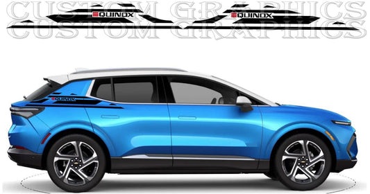 A blue SUV shown in side profile on a white background, with black and red Quinx side decal graphics displayed above. The image appears to be a product listing for the vehicle decals rather than the car itself, but the visible subject is still a clean product-style presentation with no person or real environment.