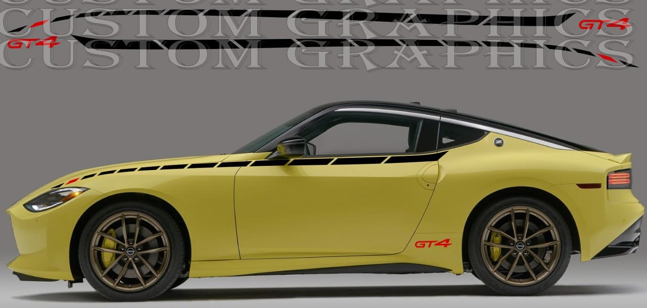 A yellow Nissan Z car with custom graphics decals applied on the side.