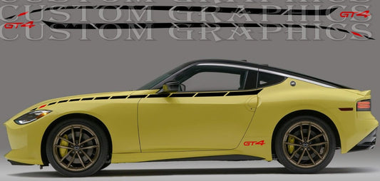 A yellow Nissan Z car with custom graphics decals applied on the side.