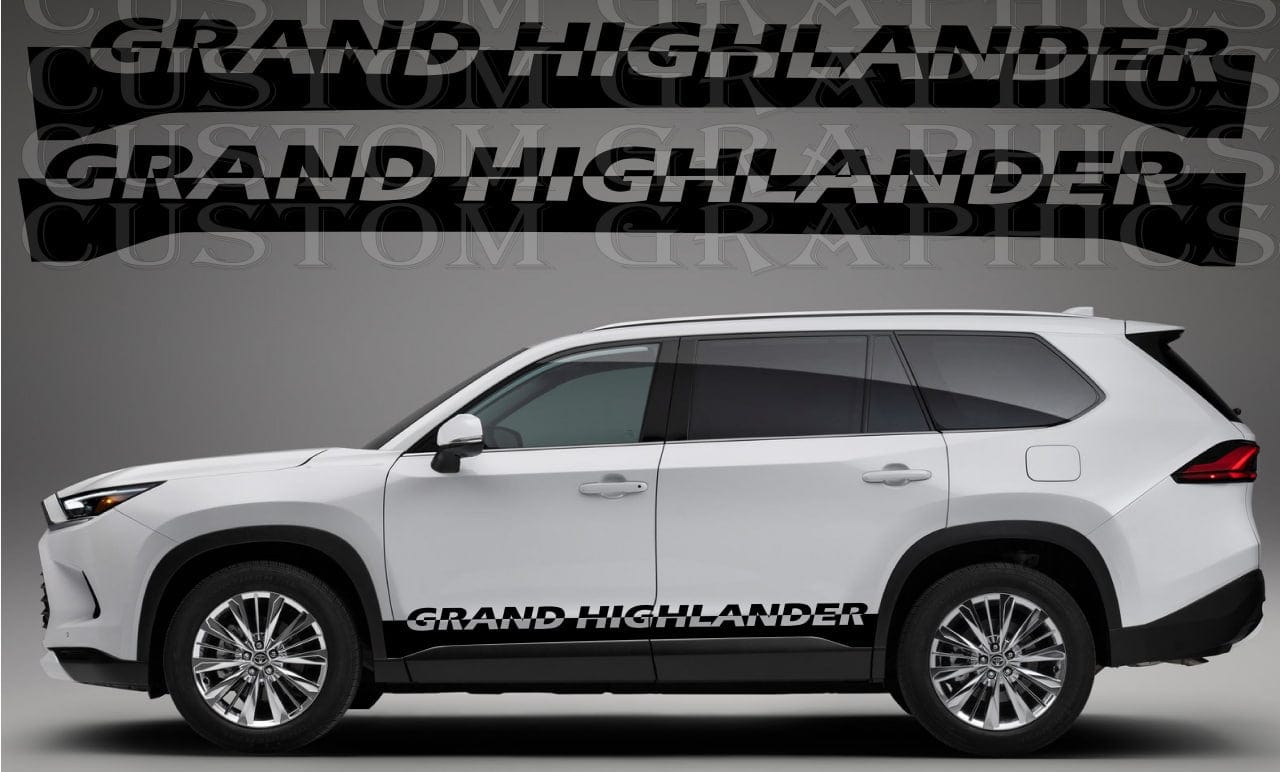 A white Toyota Highlander vehicle with a custom vinyl decal on the side that reads 'GRAND HIGHLANDER' in a stylized font.