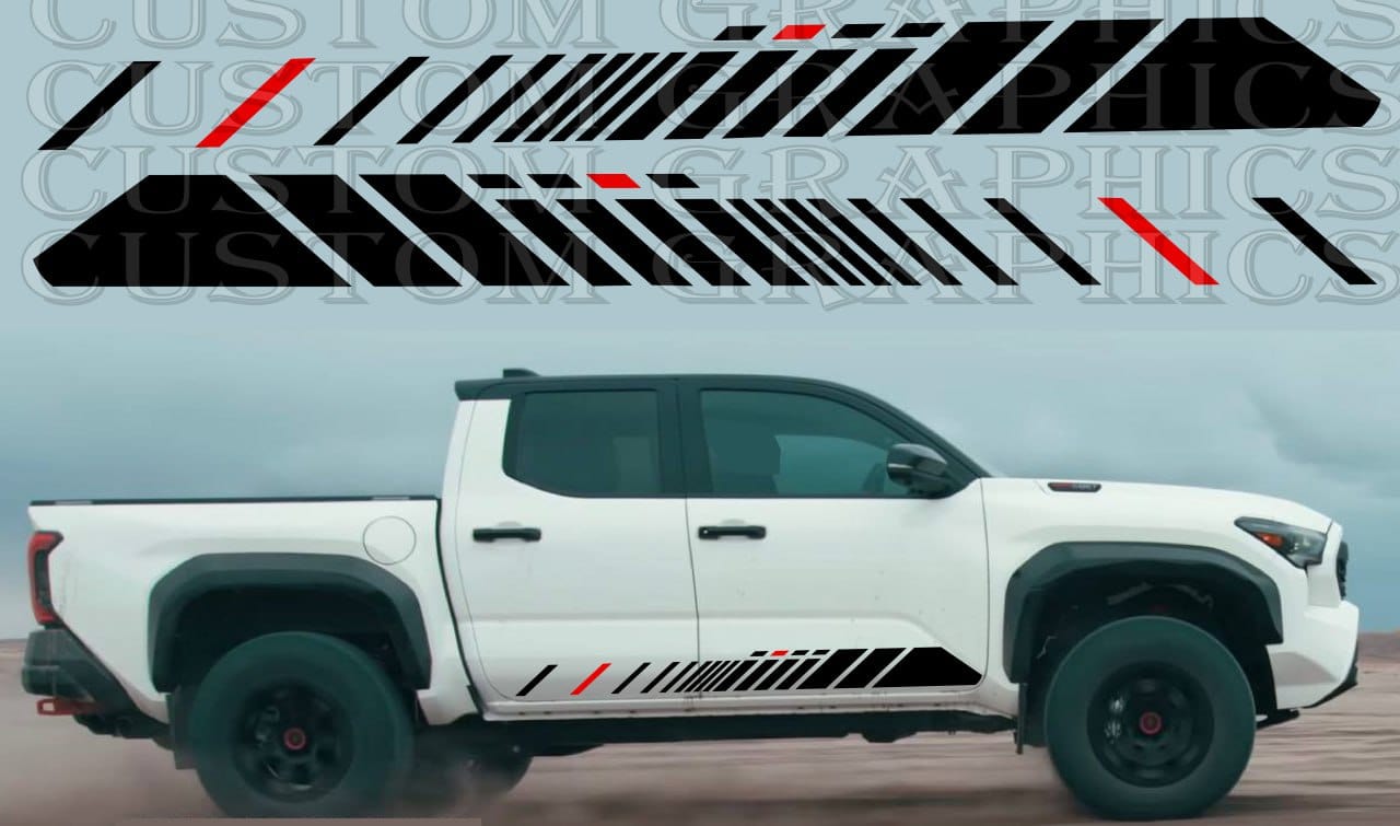 A white Toyota Tacoma pickup truck with a custom decal design featuring black and red stripes on the side.