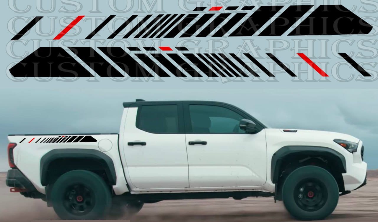 A white Toyota Tacoma pickup truck with a custom decal design on the side, featuring black and red stripes and the branding 'Brothers Graphics'.