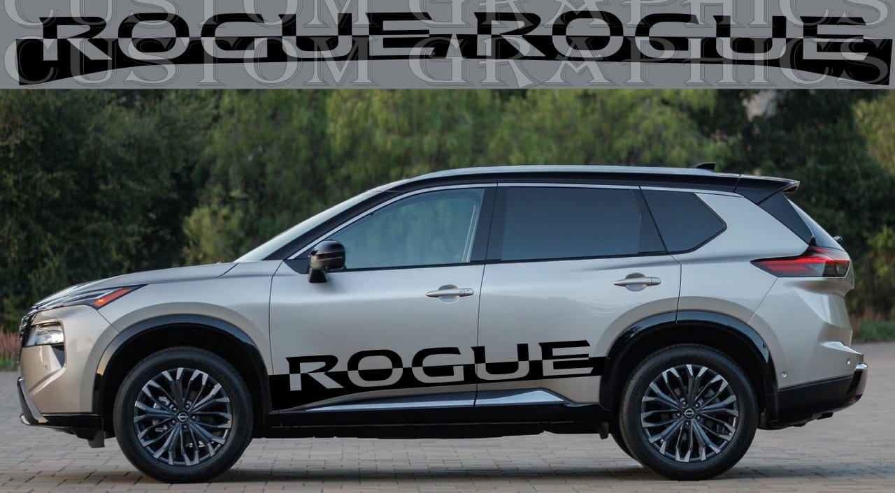 A Nissan Rogue vehicle with a set of 'ROGUE' branded vinyl decal stickers on its side.