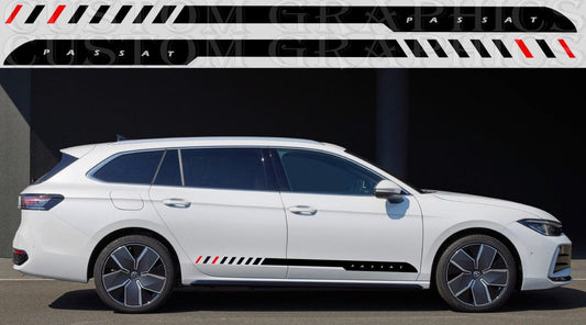 A white VW PASSAT wagon with premium vinyl decal stickers on the sides, featuring a unique style line design.