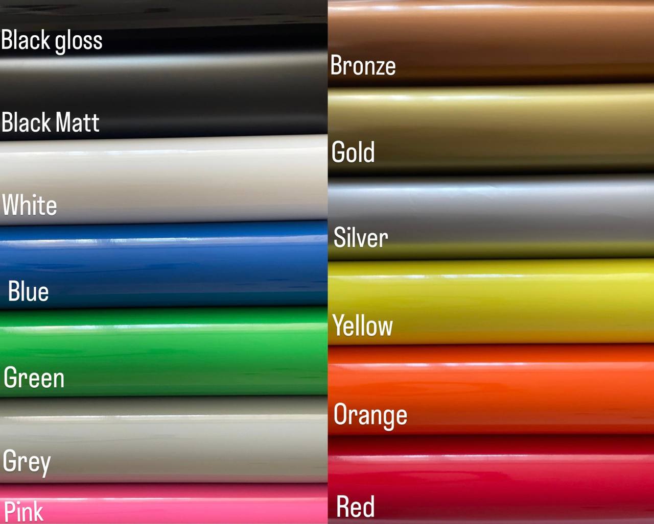 Color swatch displaying various colors of vinyl wrap.