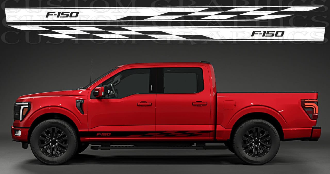 A red Ford F-150 truck featuring a black and white side graphic decal design.