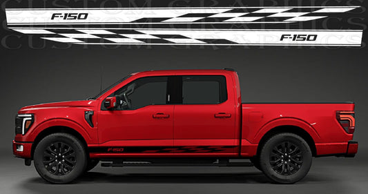 A red Ford F-150 truck featuring a black and white side graphic decal design.