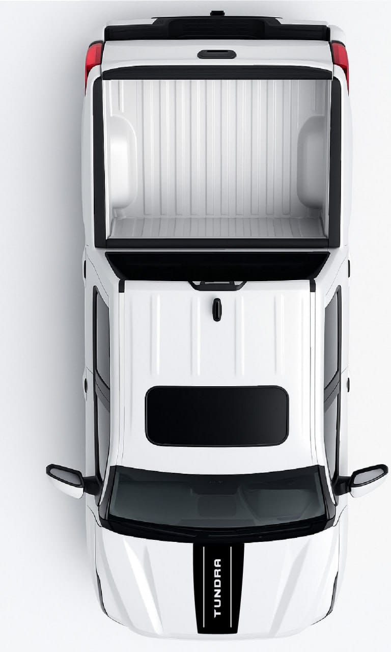 Top-down view of a white Toyota Tundra with an open cargo area on a white background
