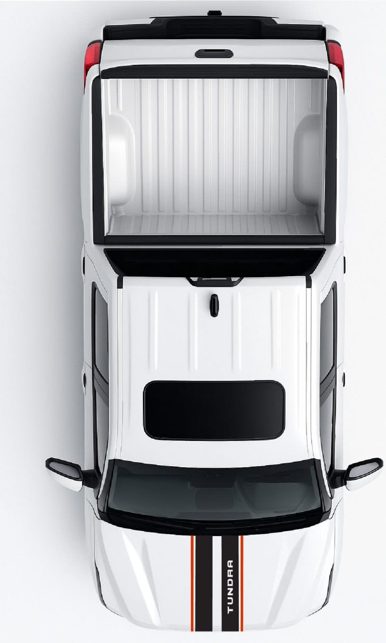 Top-down view of a white van with black accents on a white background