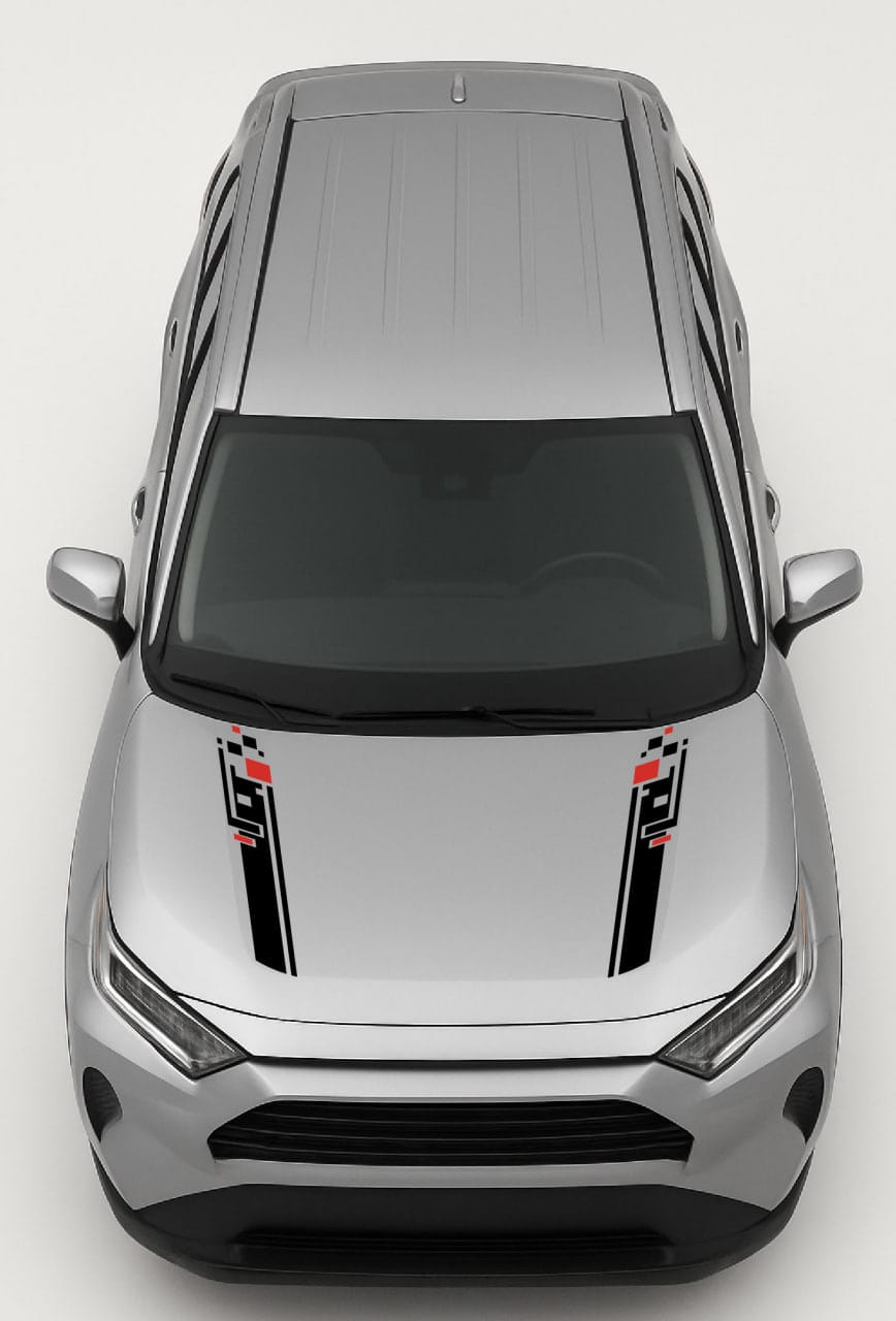 Top-down view of a silver car with black accents on a white background
