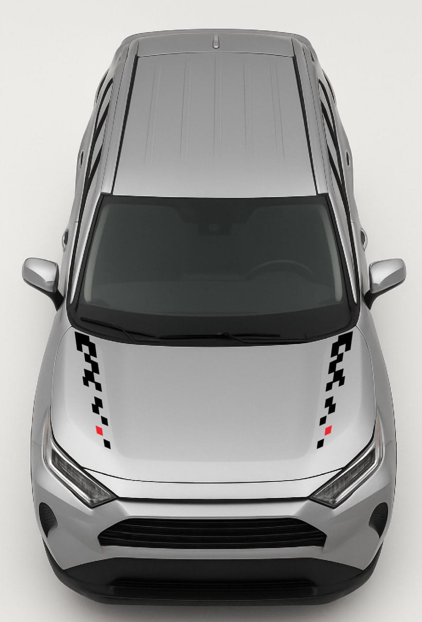 Top view of a silver car with black and red checkered decals on a white background