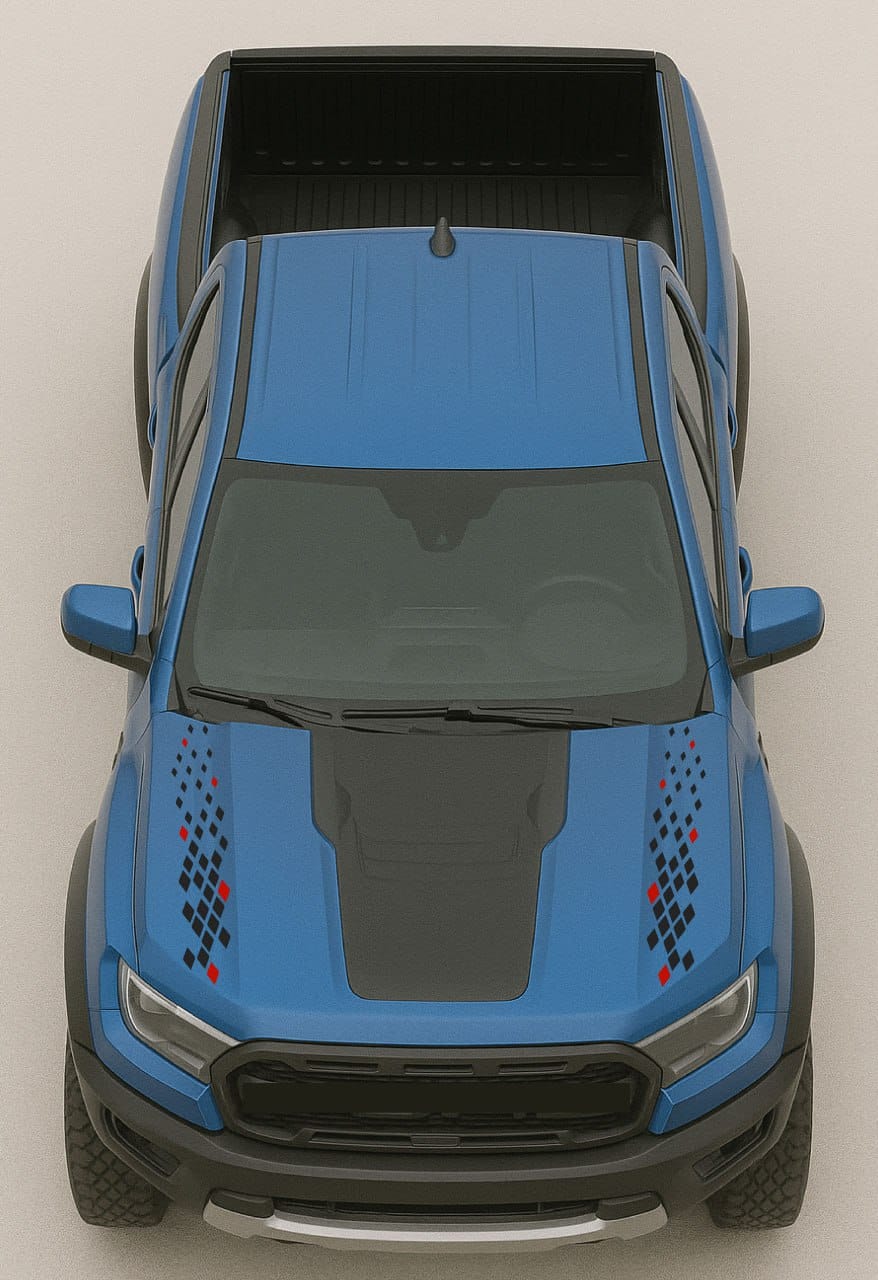 Top-down view of a blue pickup truck with black accents on a light gray background